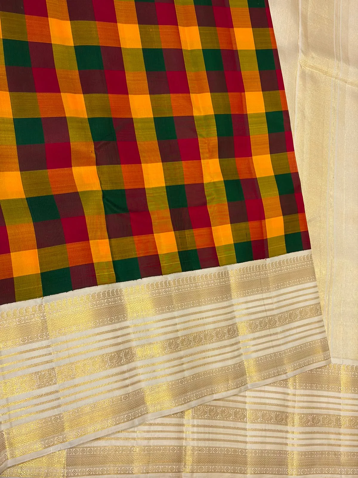 Rainbow Kattam with Cream Korvai Contrast Kanchipuram Silk Saree